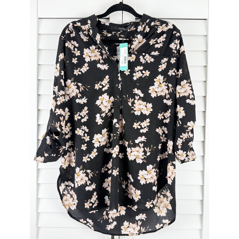 Fun2Fun Mackenzie Henley Blouse Black Floral Roll Tab Sleeve Top XL